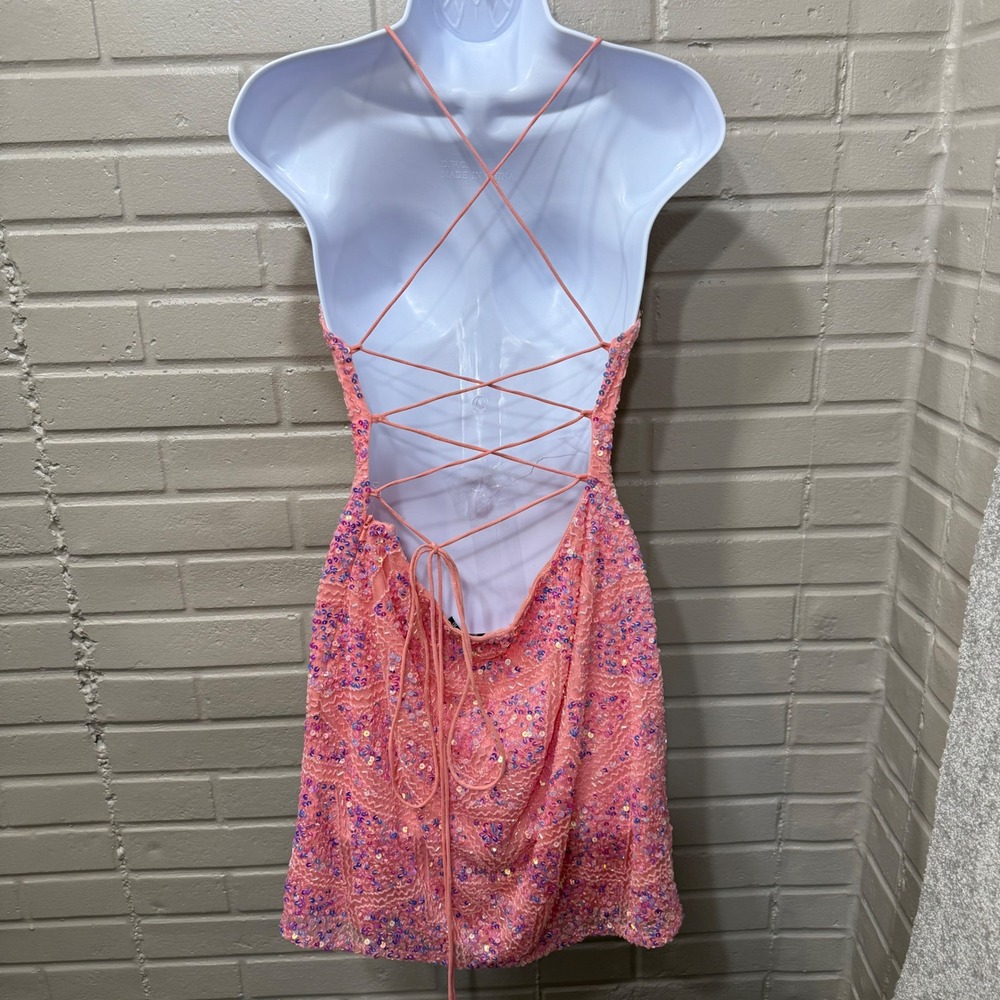 Aleta 777 Sequin Beaded Lace Up Back Mini Dress Bubblegum Pink 10 Prom Cocktail - Picture 4 of 16